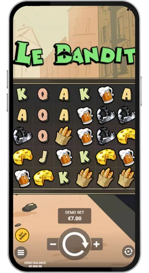 Adjusting the stake between £0.10 and £100 per spin in Le Bandit demo to match real money play range